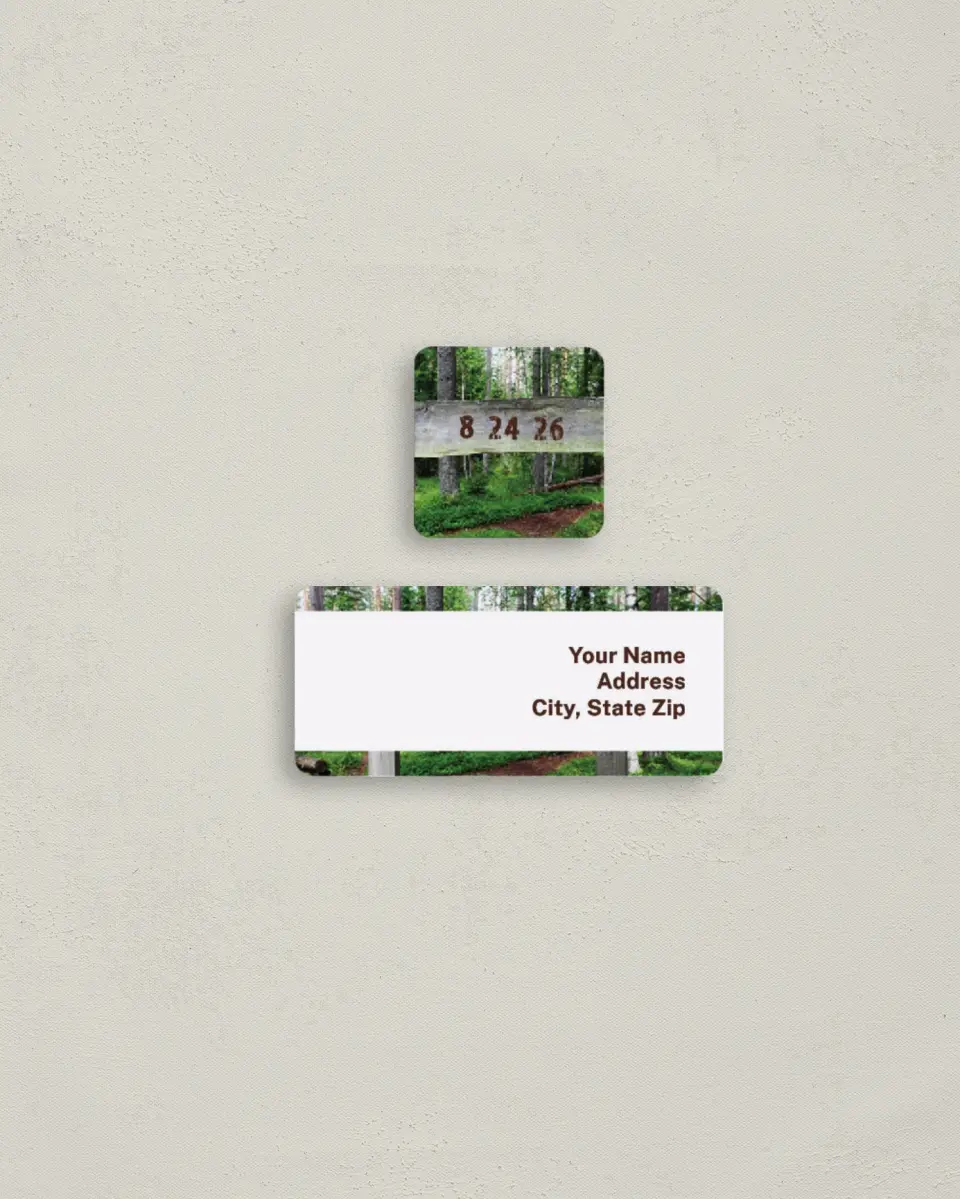 This is a 2¼" x 1" Labels; 1" x 1" Seals Return Address Label called Wooden Sign printed in full color