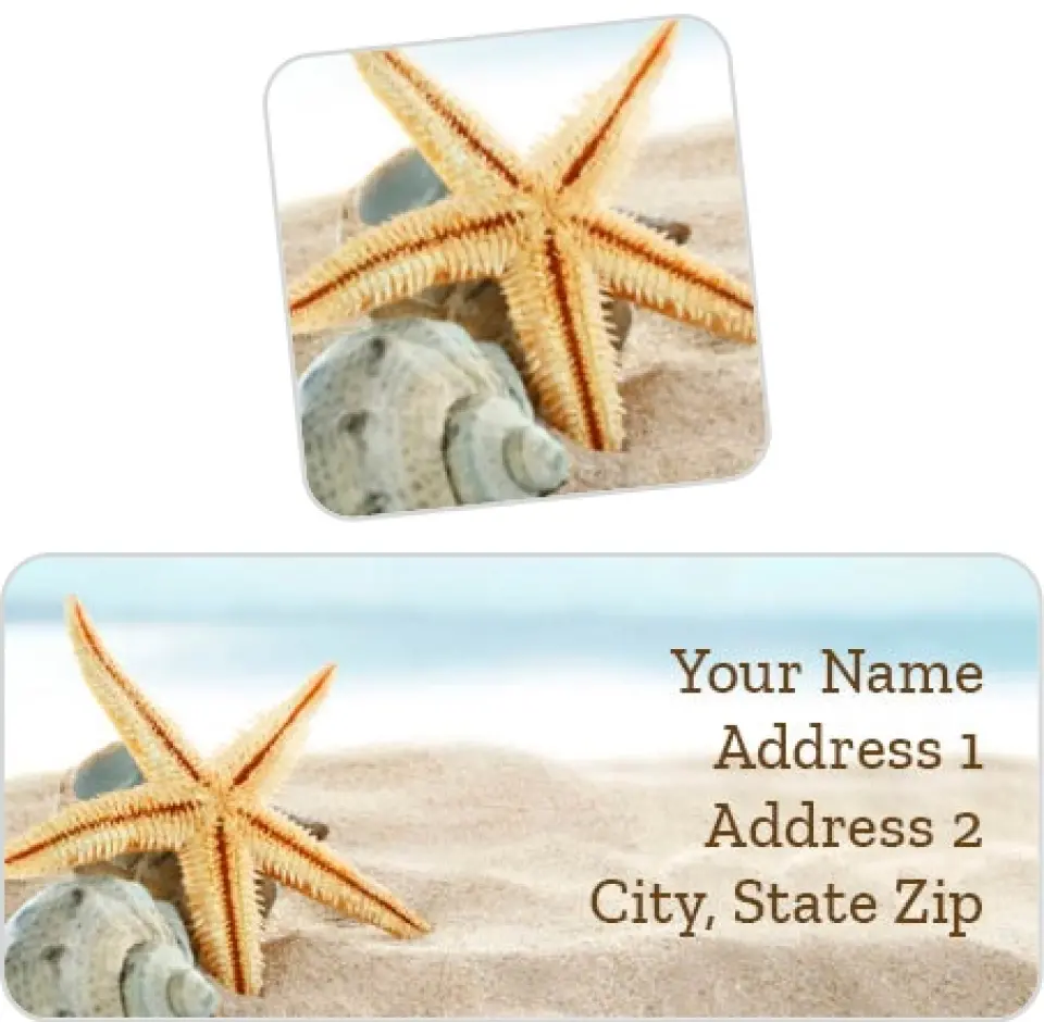This is a 2¼" x 1" Labels; 1" x 1" Seals Return Address Labels & Seal Set called Seashells and Starfish printed in full color