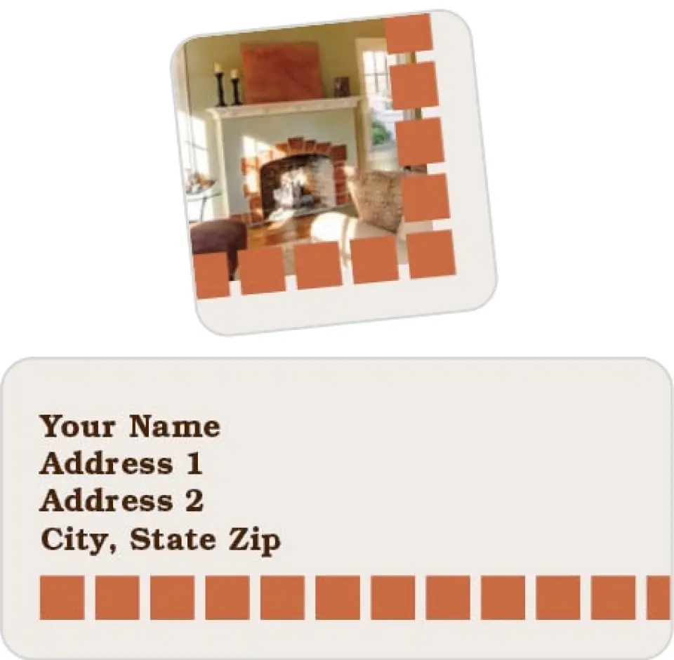 This is a 2¼" x 1" Labels; 1" x 1" Seals Return Address Labels & Seal Set called Inviting Fireplace printed in full color