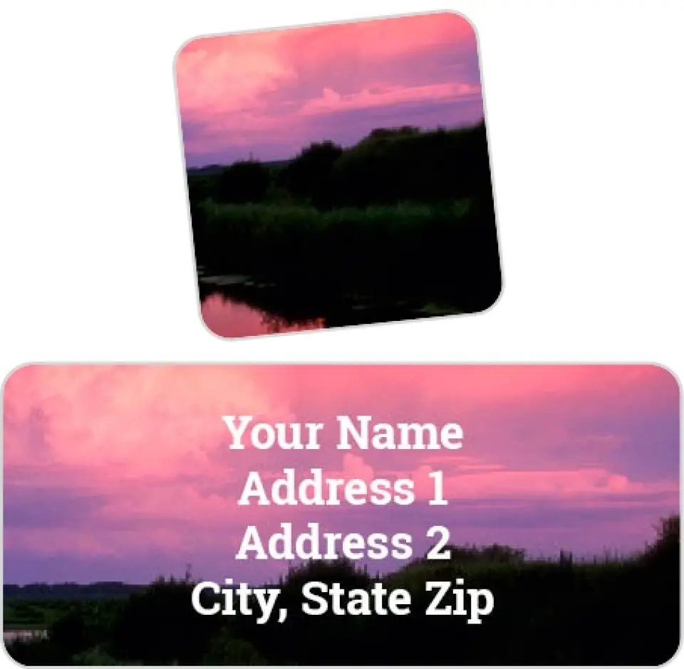 This is a 2¼" x 1" Labels; 1" x 1" Seals Return Address Labels & Seal Set called Sunset Over Water printed in full color
