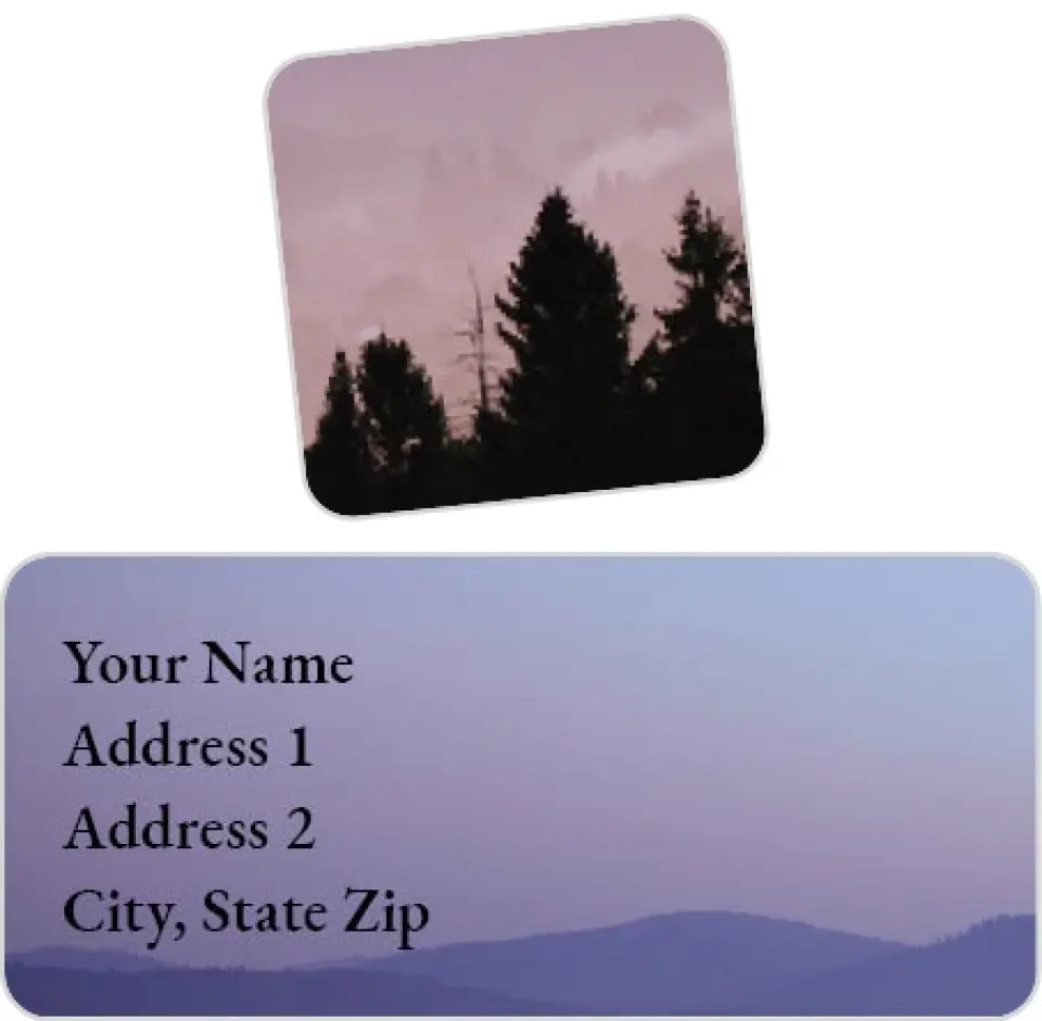 This is a 2¼" x 1" Labels; 1" x 1" Seals Return Address Labels & Seal Set called Mountains at Dawn printed in full color