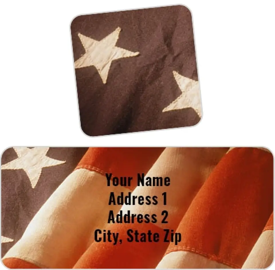 This is a 2¼" x 1" Labels; 1" x 1" Seals Return Address Labels & Seal Set called Old Glory printed in full color