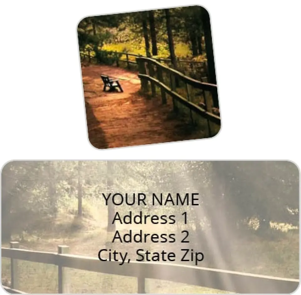 This is a 2¼" x 1" Labels; 1" x 1" Seals Return Address Labels & Seal Set called Sunlit Trail printed in full color