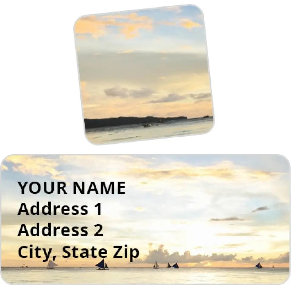 This is a 2¼" x 1" Labels; 1" x 1" Seals Return Address Labels & Seal Set called Setting Sun printed in full color