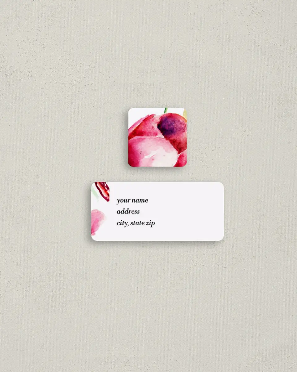 This is a 2¼" x 1" Labels; 1" x 1" Seals Return Address Label called Floral Watercolor printed in full color