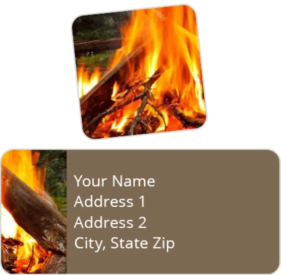 This is a 2¼" x 1" Labels; 1" x 1" Seals Label & Seal Set called Cozy Campfire printed in full color