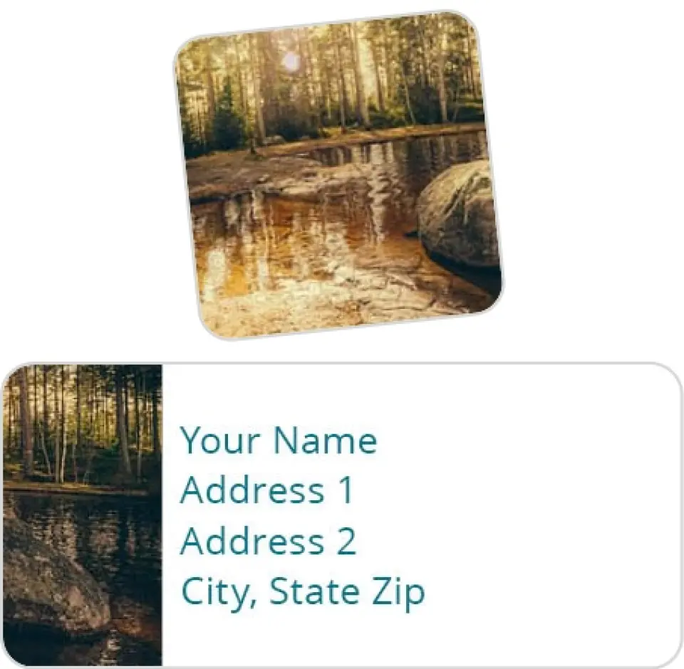 This is a 2¼" x 1" Labels; 1" x 1" Seals Label & Seal Set called Lake Daybreak printed in full color