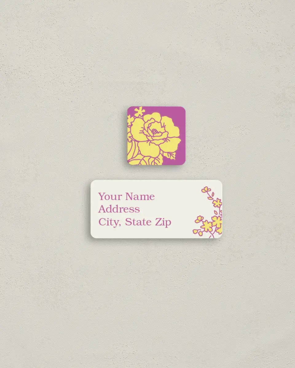 This is a 2¼" x 1" Labels; 1" x 1" Seals Return Address Label called Gardenia Greeting printed in full color