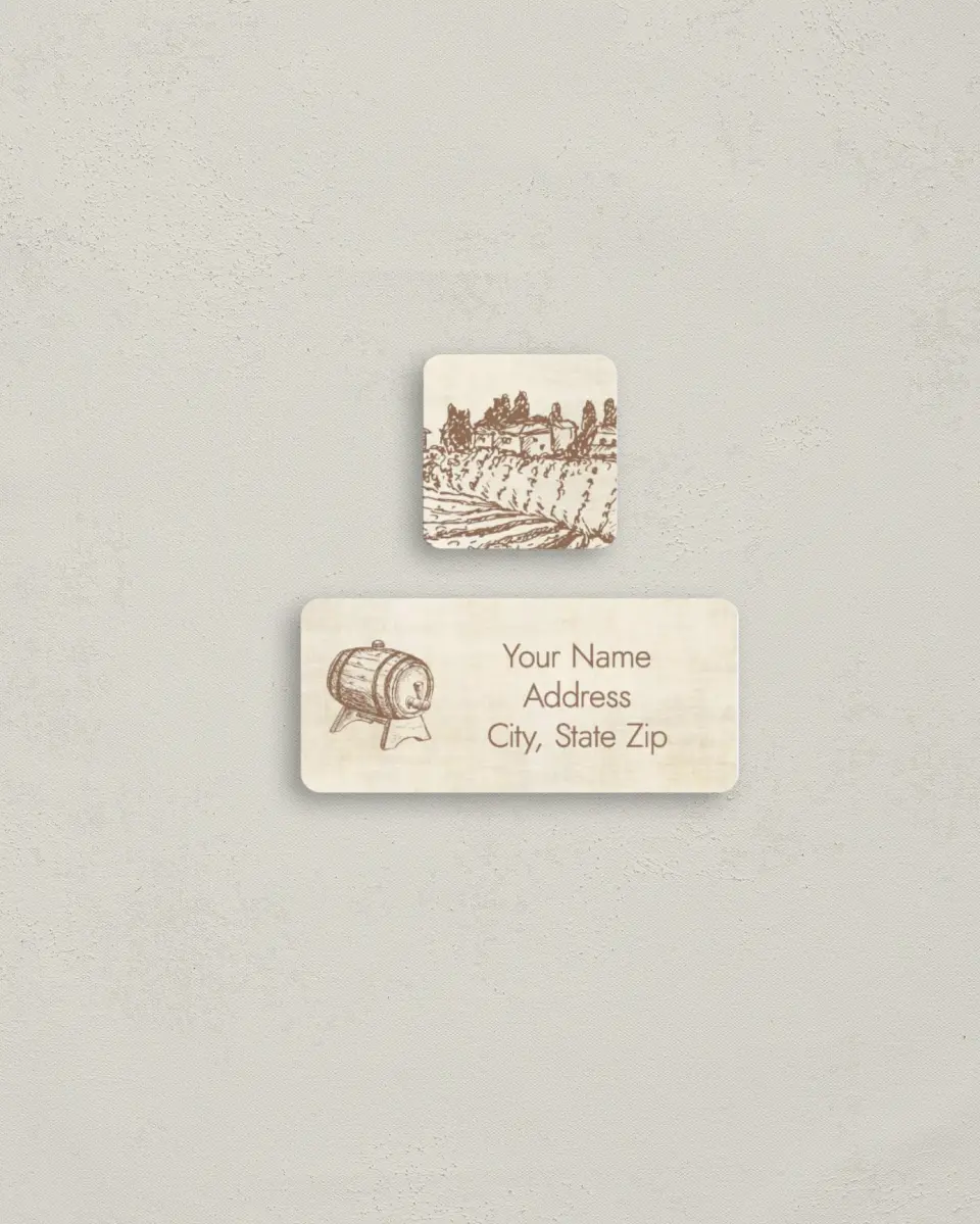 This is a 2¼" x 1" Labels; 1" x 1" Seals Return Address Label called Vineyard Romance printed in full color