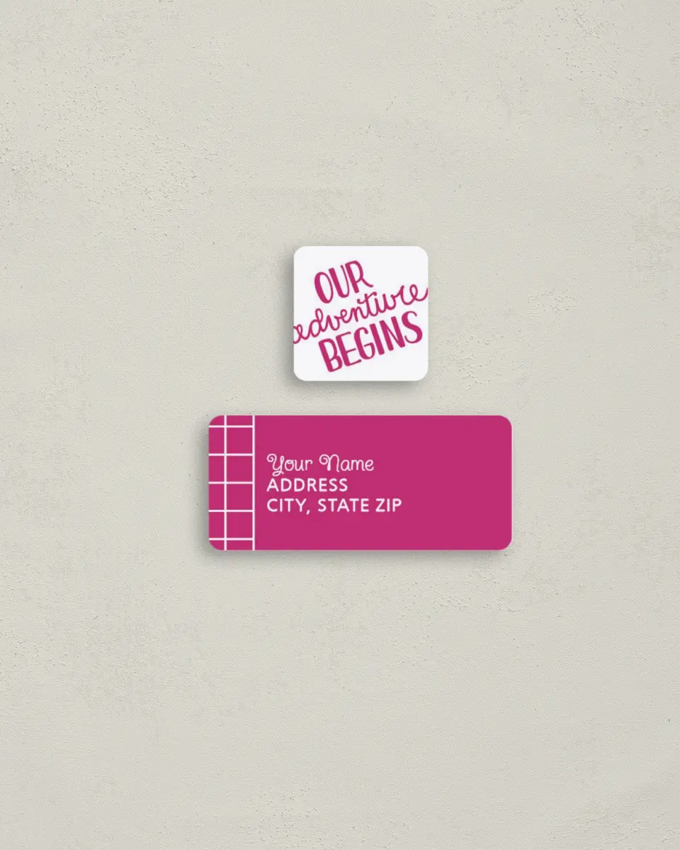This is a 2¼" x 1" Labels; 1" x 1" Seals Return Address Label called Our Adventure Begins printed in full color