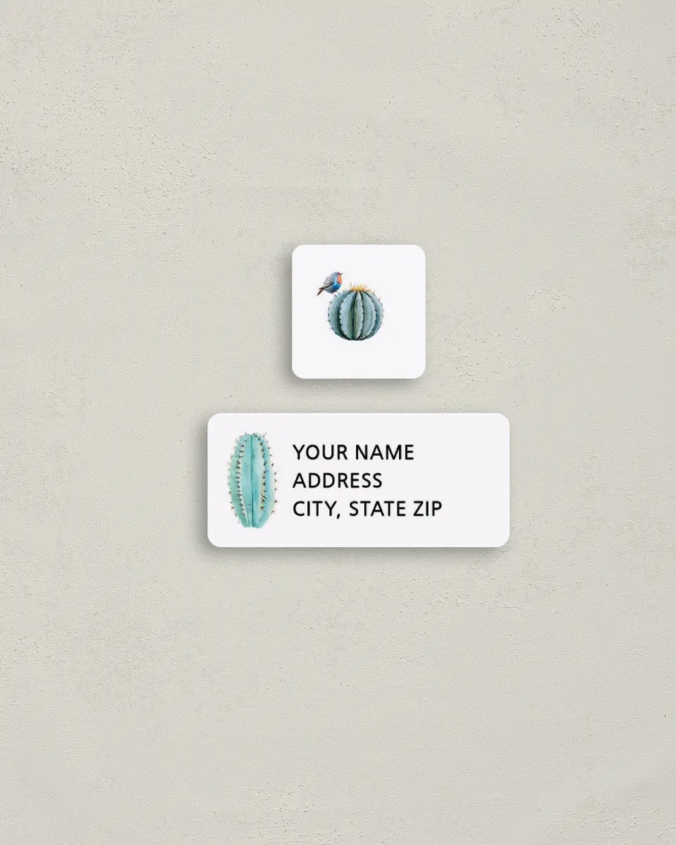 This is a 2¼" x 1" Labels; 1" x 1" Seals Return Address Label called Painted Cactus printed in full color