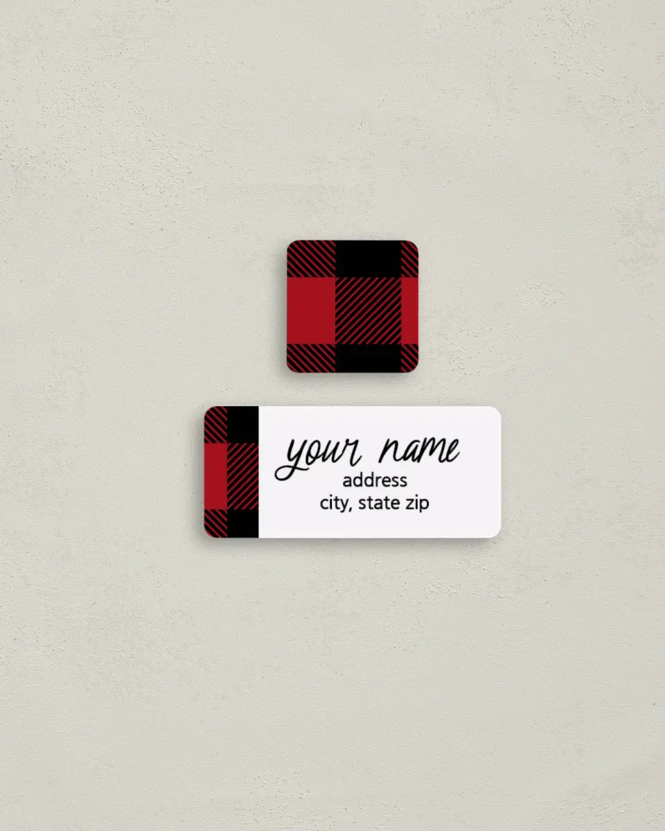 This is a 2¼" x 1" Labels; 1" x 1" Seals Return Address Label called Bold Buffalo Plaid printed in full color