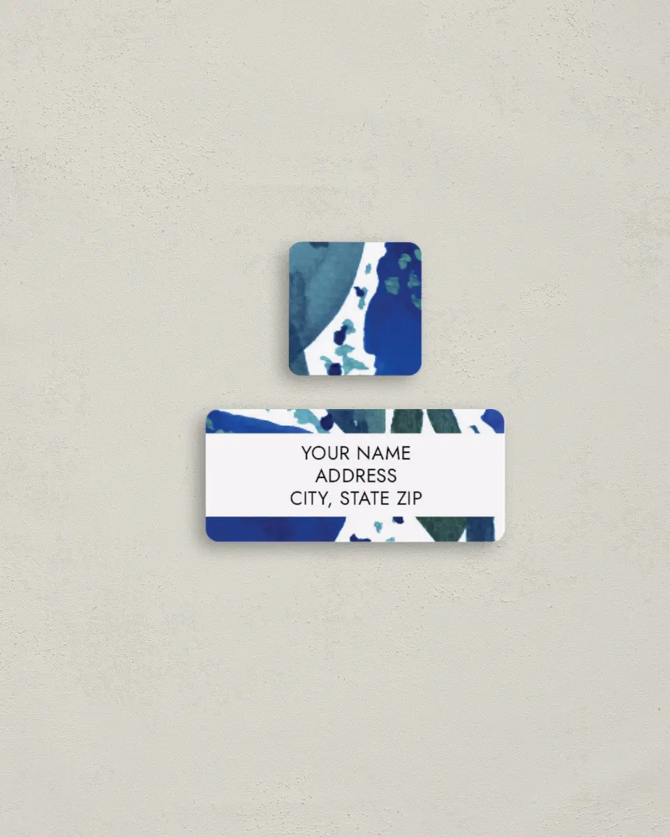 This is a 2¼" x 1" Labels; 1" x 1" Seals Return Address Label called Blue Blooms printed in full color