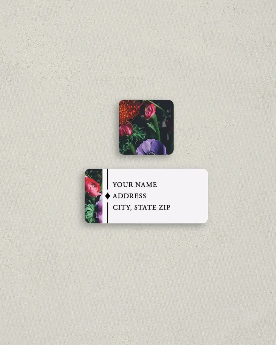 This is a 2¼" x 1" Labels; 1" x 1" Seals Return Address Label called Lush Botanicals printed in full color