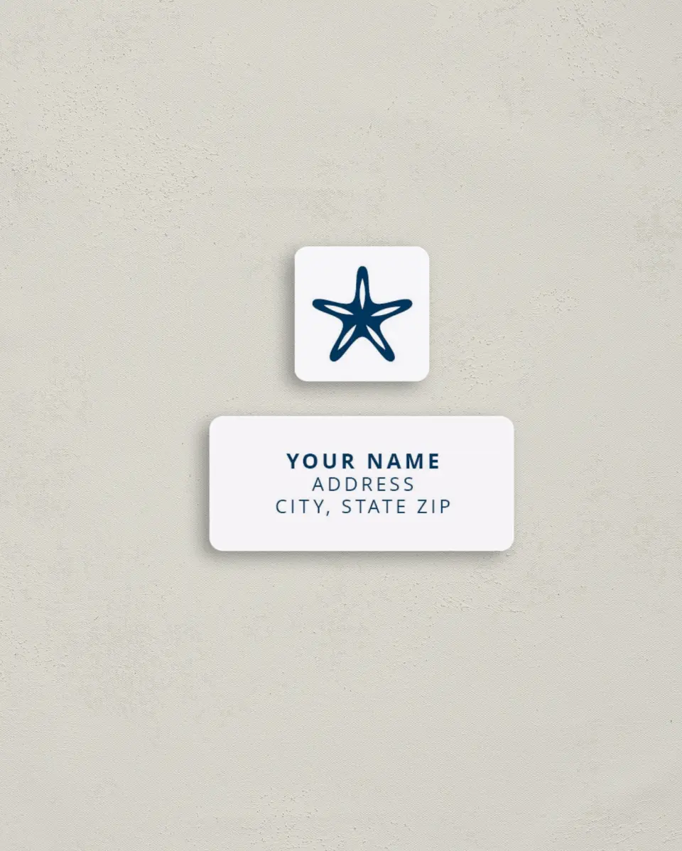 This is a 2¼" x 1" Labels; 1" x 1" Seals Return Address Label called Beachcomber printed in full color