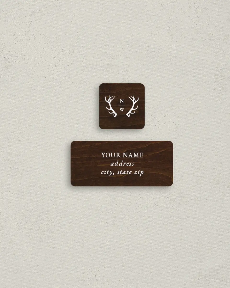 This is a 2¼" x 1" Labels; 1" x 1" Seals Return Address Label called Rustic Antler printed in full color