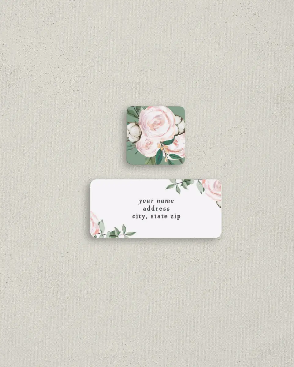 This is a 2¼" x 1" Labels; 1" x 1" Seals Return Address Label called Soft Rose printed in full color