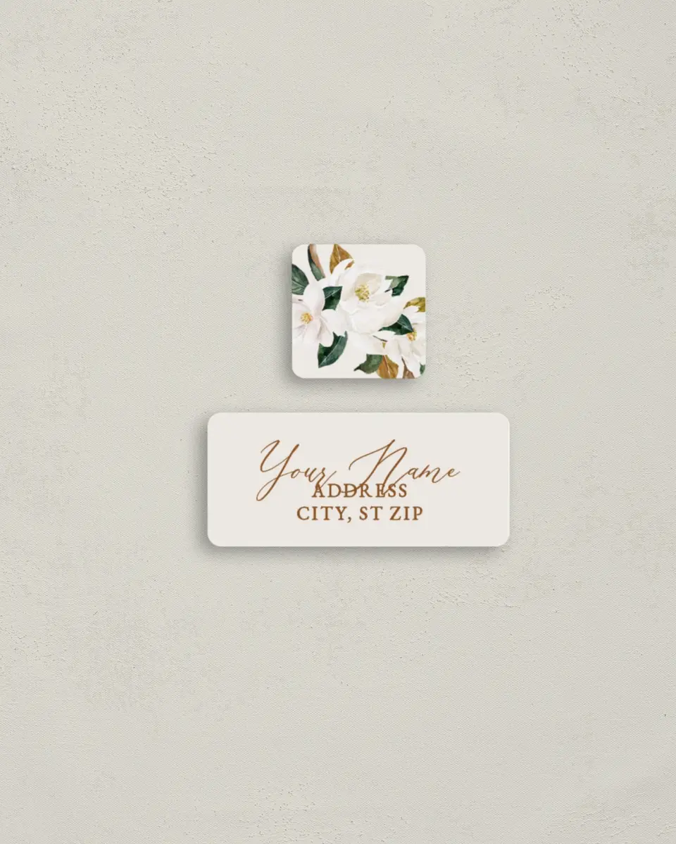 This is a 2¼" x 1" Labels; 1" x 1" Seals Return Address Label called Soft Magnolia printed in full color