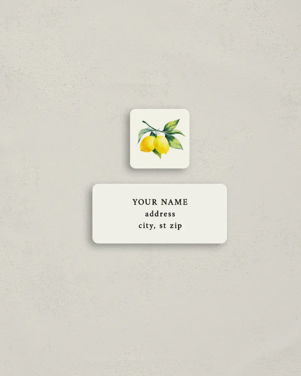 This is a 2¼" x 1" Labels; 1" x 1" Seals Return Address Label called Antique Lemon printed in full color