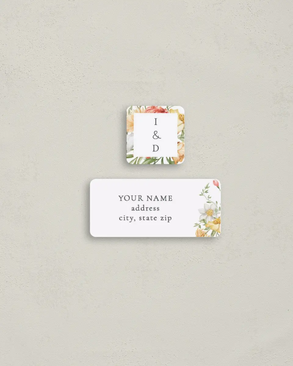 This is a 2¼" x 1" Labels; 1" x 1" Seals Return Address Label called Secluded Blooms printed in full color