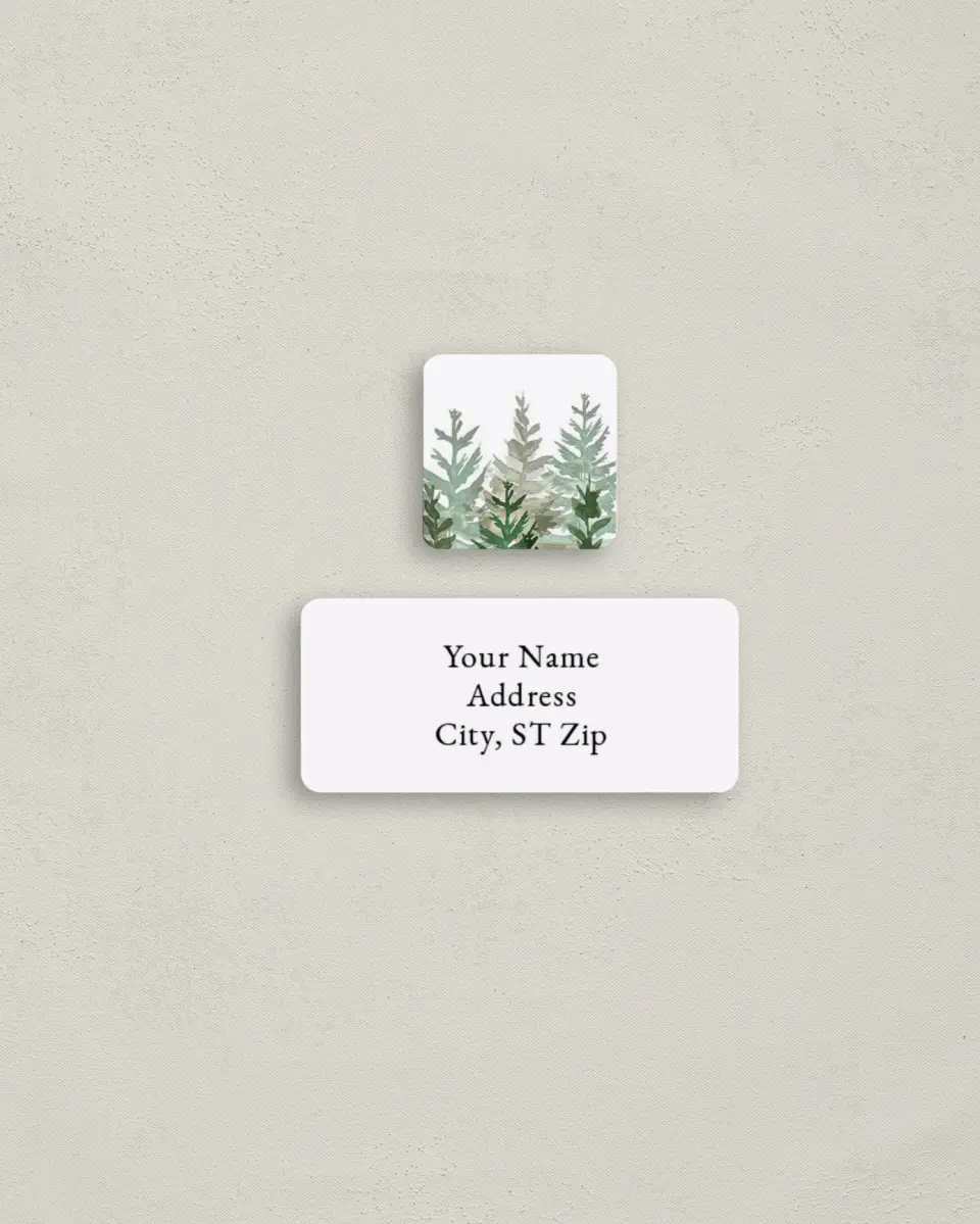 This is a 2¼" x 1" Labels; 1" x 1" Seals Return Address Label called Evergreens printed in full color