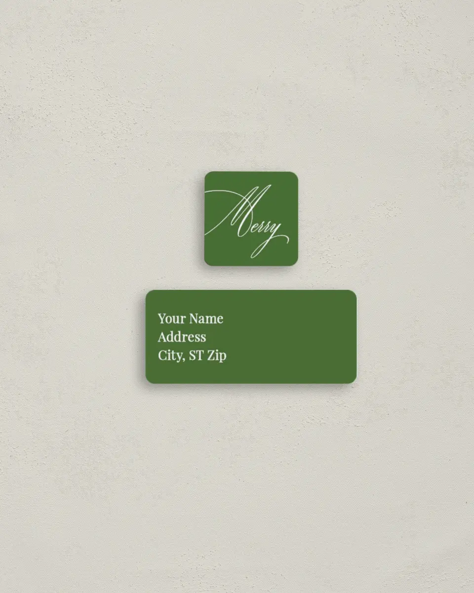 This is a 2¼" x 1" Labels; 1" x 1" Seals Return Address Label called Merry Christmas Script printed in full color