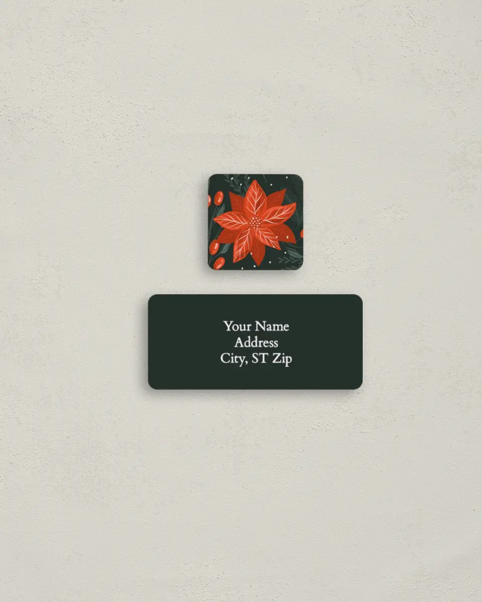 This is a 2¼" x 1" Labels; 1" x 1" Seals Return Address Label called Poinsettia Pattern printed in full color