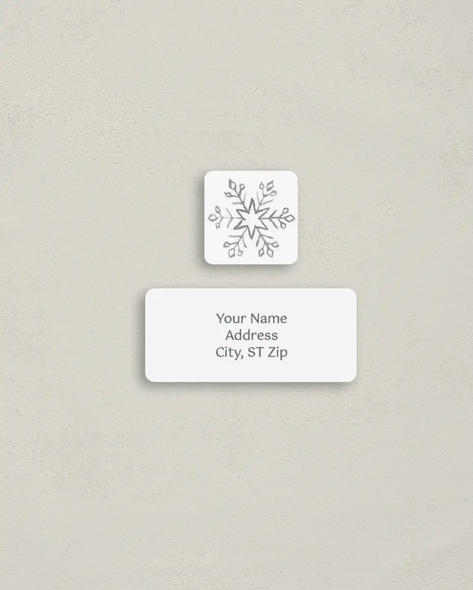 This is a 2¼" x 1" Labels; 1" x 1" Seals Return Address Label called Snowflakes printed in full color