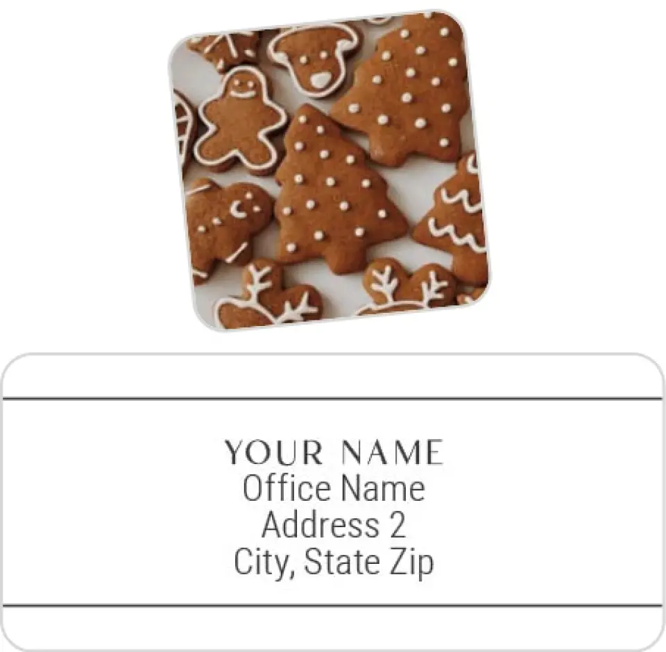 This is a 2¼" x 1" Labels; 1" x 1" Seals Return Address Label called Gingerbread Delights printed in full color