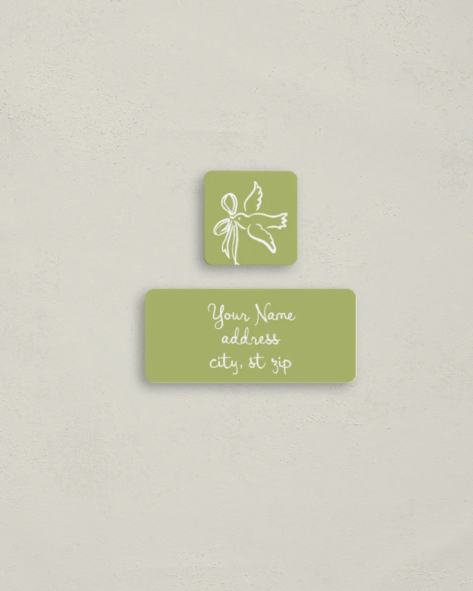 This is a 2¼" x 1" Labels; 1" x 1" Seals Return Address Label called Wedding Whimsy printed in full color