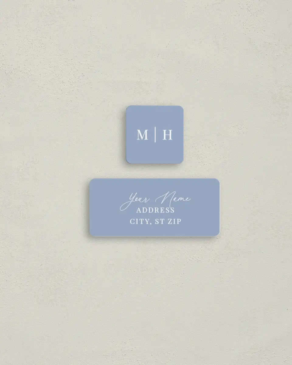 This is a 2¼" x 1" Labels; 1" x 1" Seals Return Address Label called Blue Blossoms printed in full color