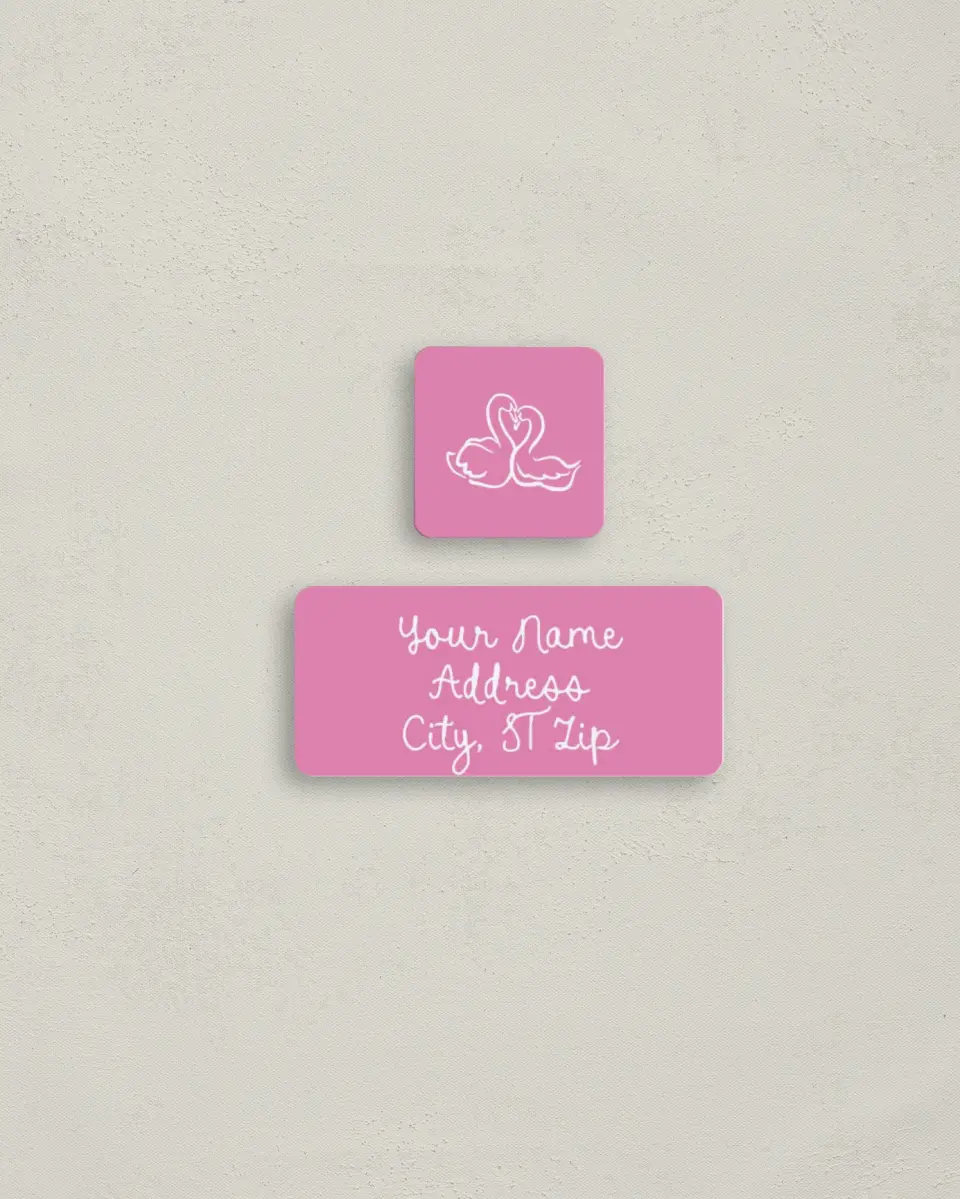 This is a 2¼" x 1" Labels; 1" x 1" Seals Return Address Label called Swan Love printed in full color