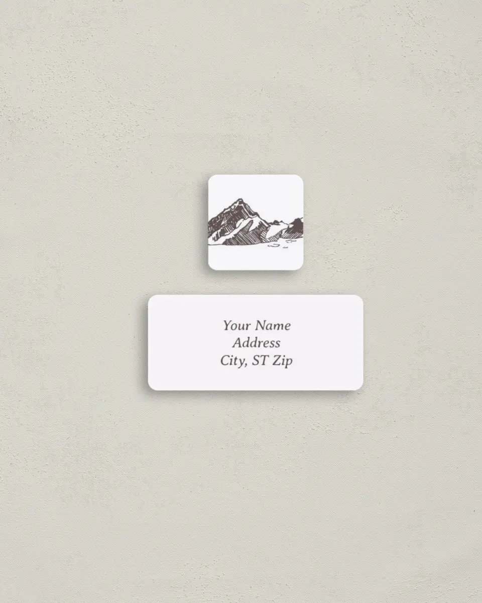 This is a 2¼" x 1" Labels; 1" x 1" Seals Return Address Label called Mountain Bliss printed in full color