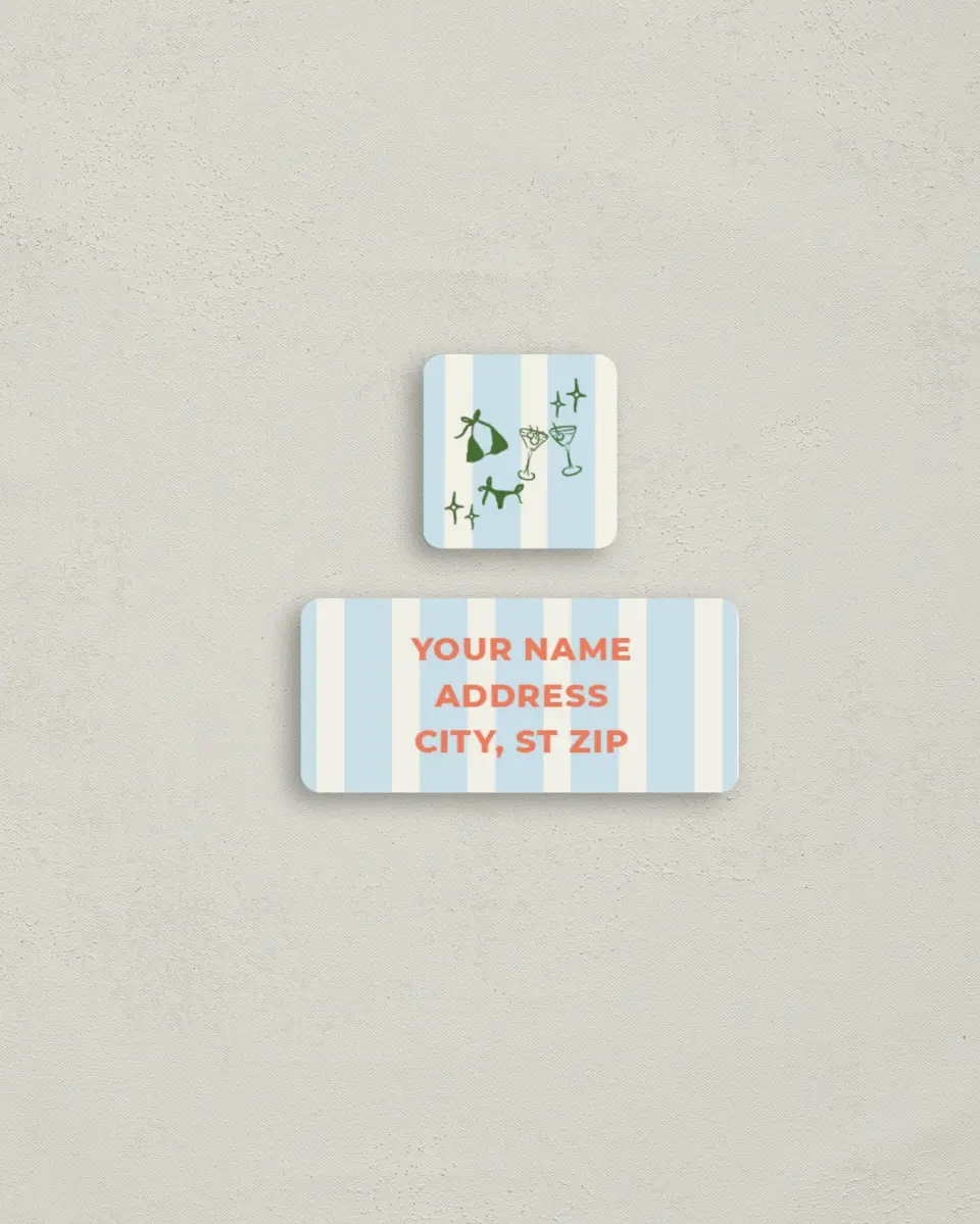 This is a 2¼" x 1" Labels; 1" x 1" Seals Bachelorette Party Accessorie called Bikinis & Martinis printed in full color
