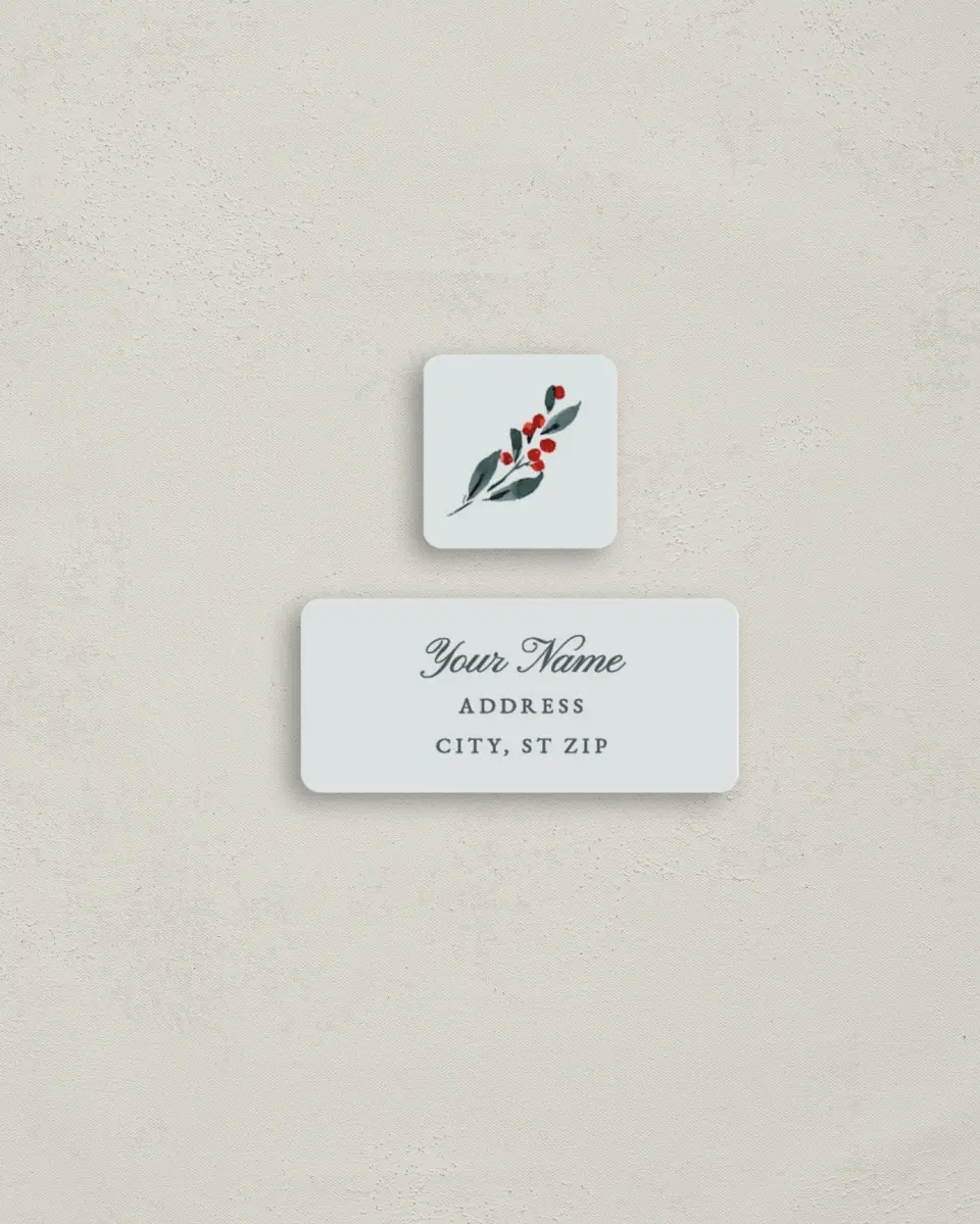 This is a 2¼" x 1" Labels; 1" x 1" Seals Return Address Label called Heirloom Holly printed in full color