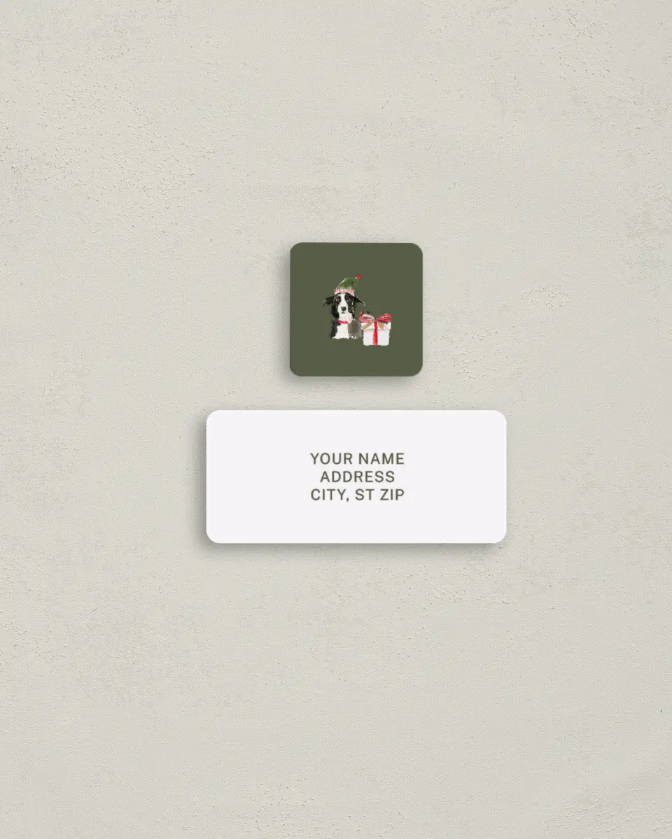 This is a 2¼" x 1" Labels; 1" x 1" Seals Return Address Label called Woofing You Christmas printed in full color