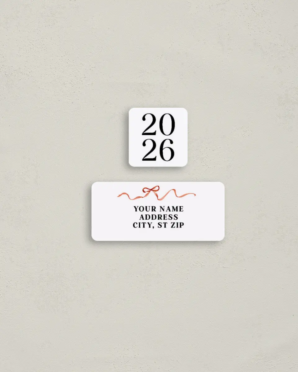 This is a 2¼" x 1" Labels; 1" x 1" Seals Return Address Label called Topped With a Bow printed in full color
