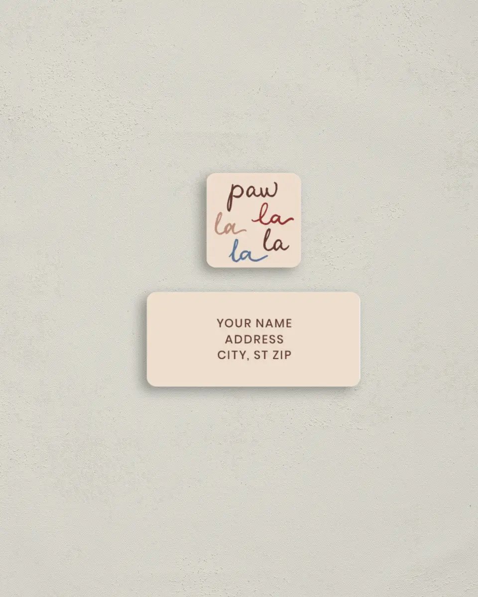 This is a 2¼" x 1" Labels; 1" x 1" Seals Return Address Label called Paw La La La La printed in full color