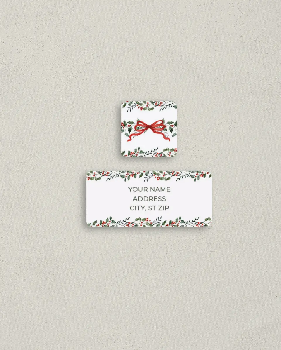 This is a 2¼" x 1" Labels; 1" x 1" Seals Return Address Label called More Merriment printed in full color