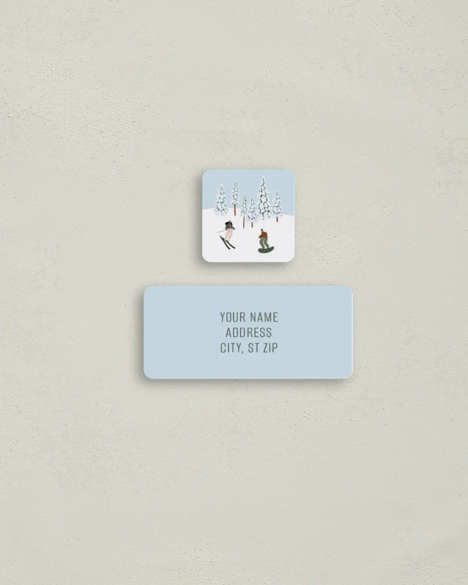 This is a 2¼" x 1" Labels; 1" x 1" Seals Return Address Label called Dashing through the Snow printed in full color