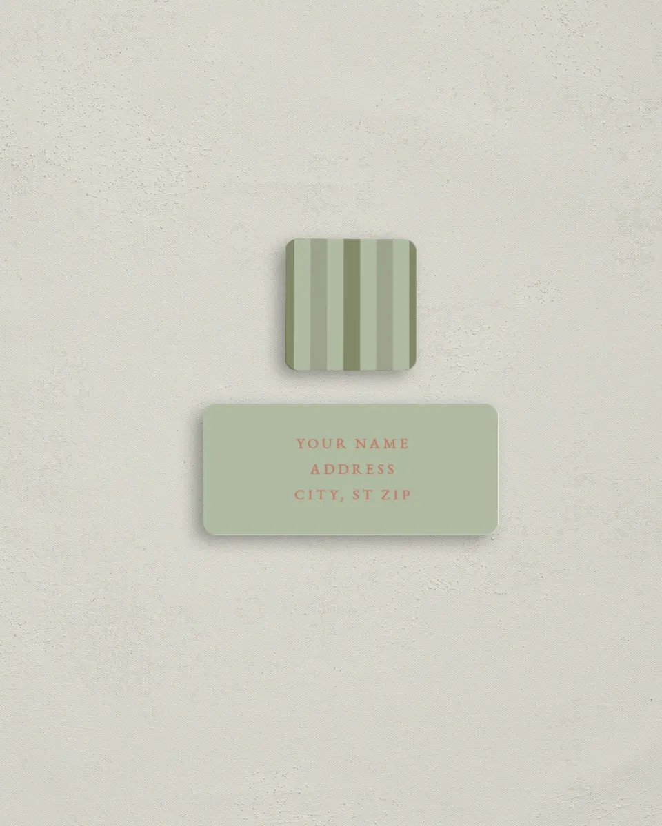 This is a 2¼" x 1" Labels; 1" x 1" Seals Return Address Label called Merry Stripes printed in full color