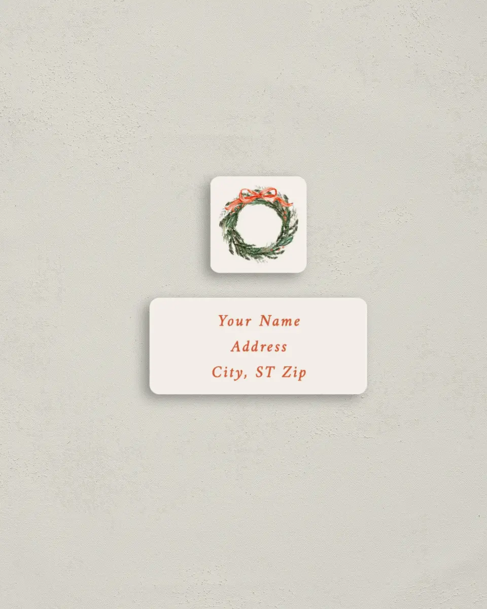 This is a 2¼" x 1" Labels; 1" x 1" Seals Return Address Label called Merry Wreath printed in full color