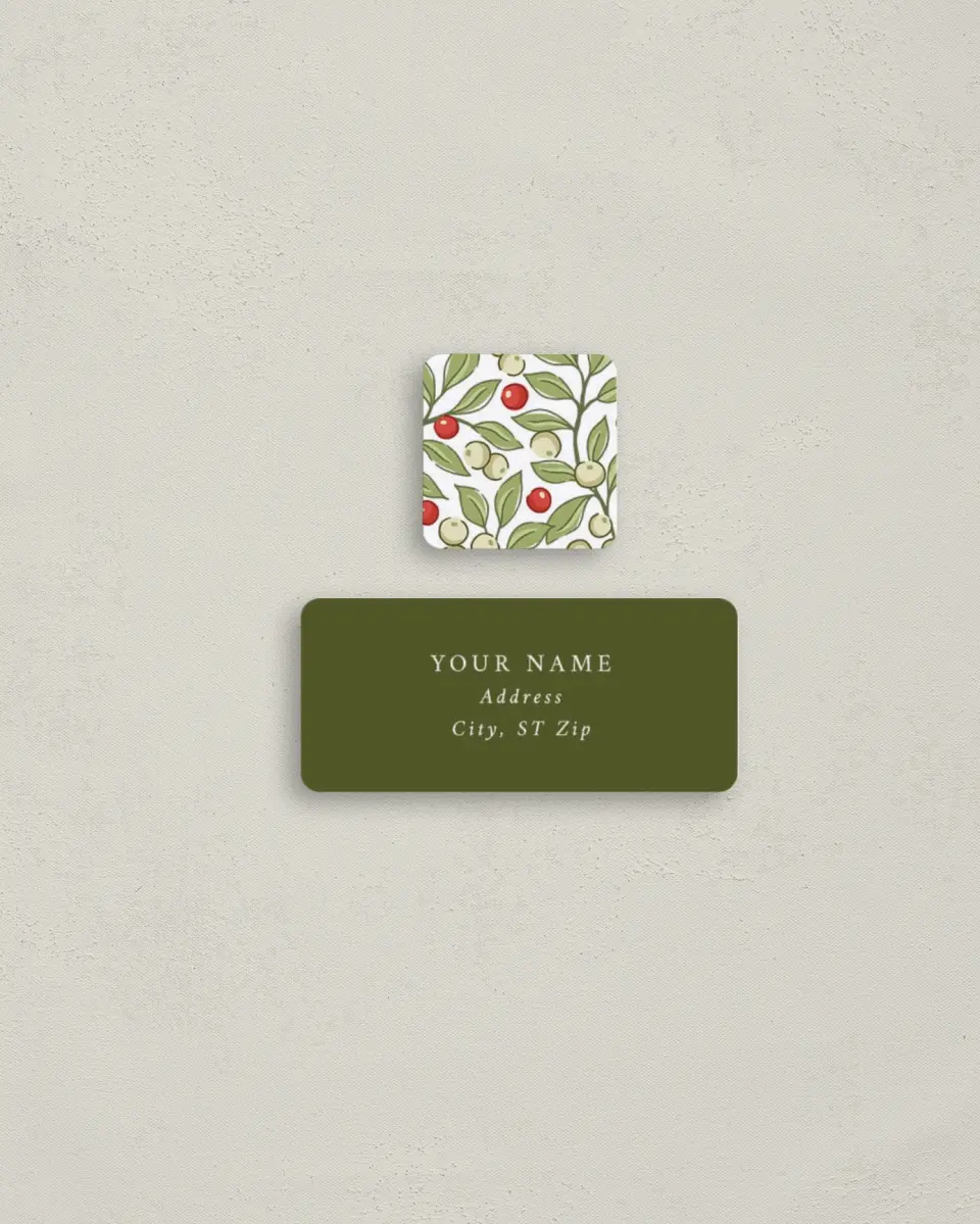 This is a 2¼" x 1" Labels; 1" x 1" Seals Return Address Label called Holiday Holly printed in full color