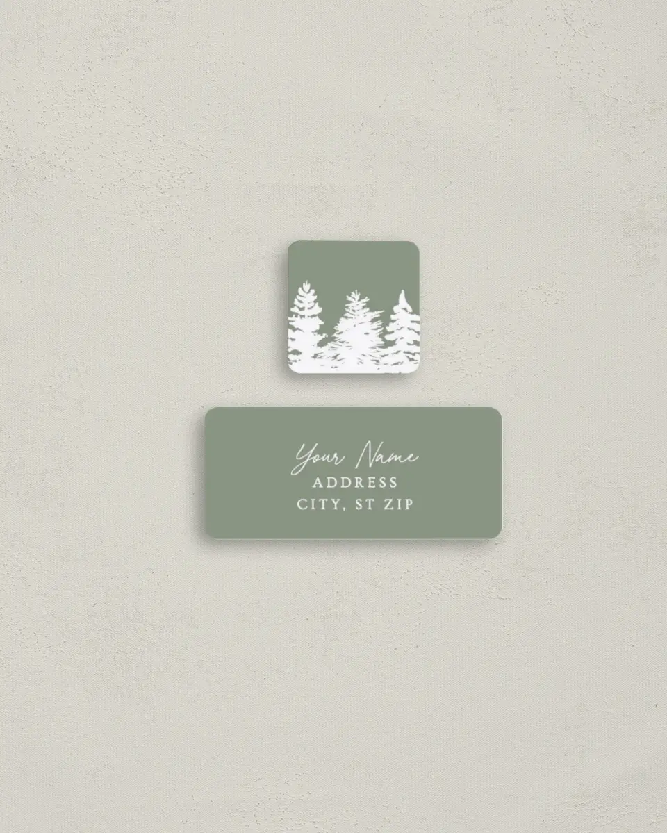 This is a 2¼" x 1" Labels; 1" x 1" Seals Return Address Label called Joyful Pines printed in full color