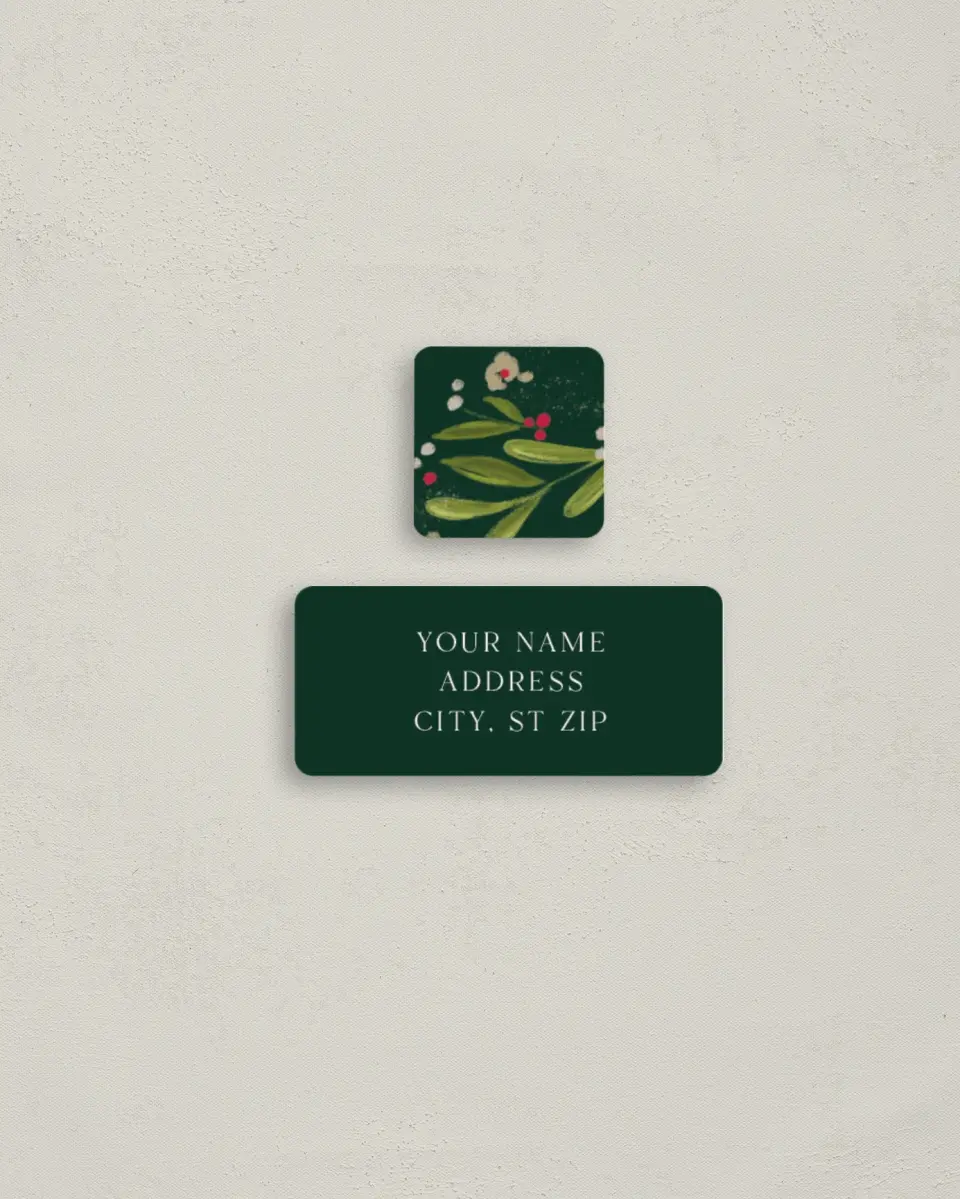 This is a 2¼" x 1" Labels; 1" x 1" Seals Return Address Label called Merry Botanicals printed in full color