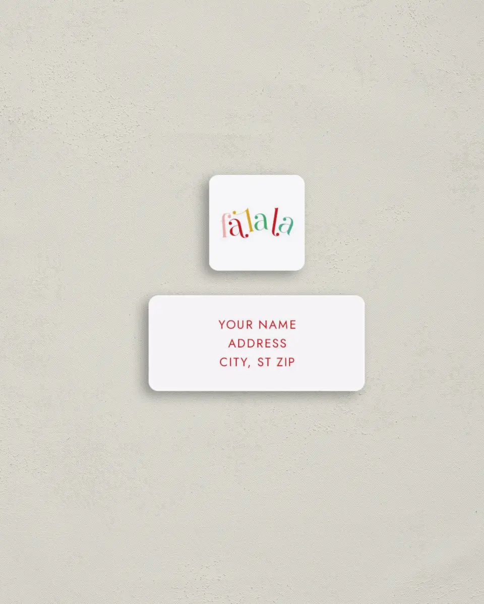 This is a 2¼" x 1" Labels; 1" x 1" Seals Return Address Label called Fa La La Fun printed in full color