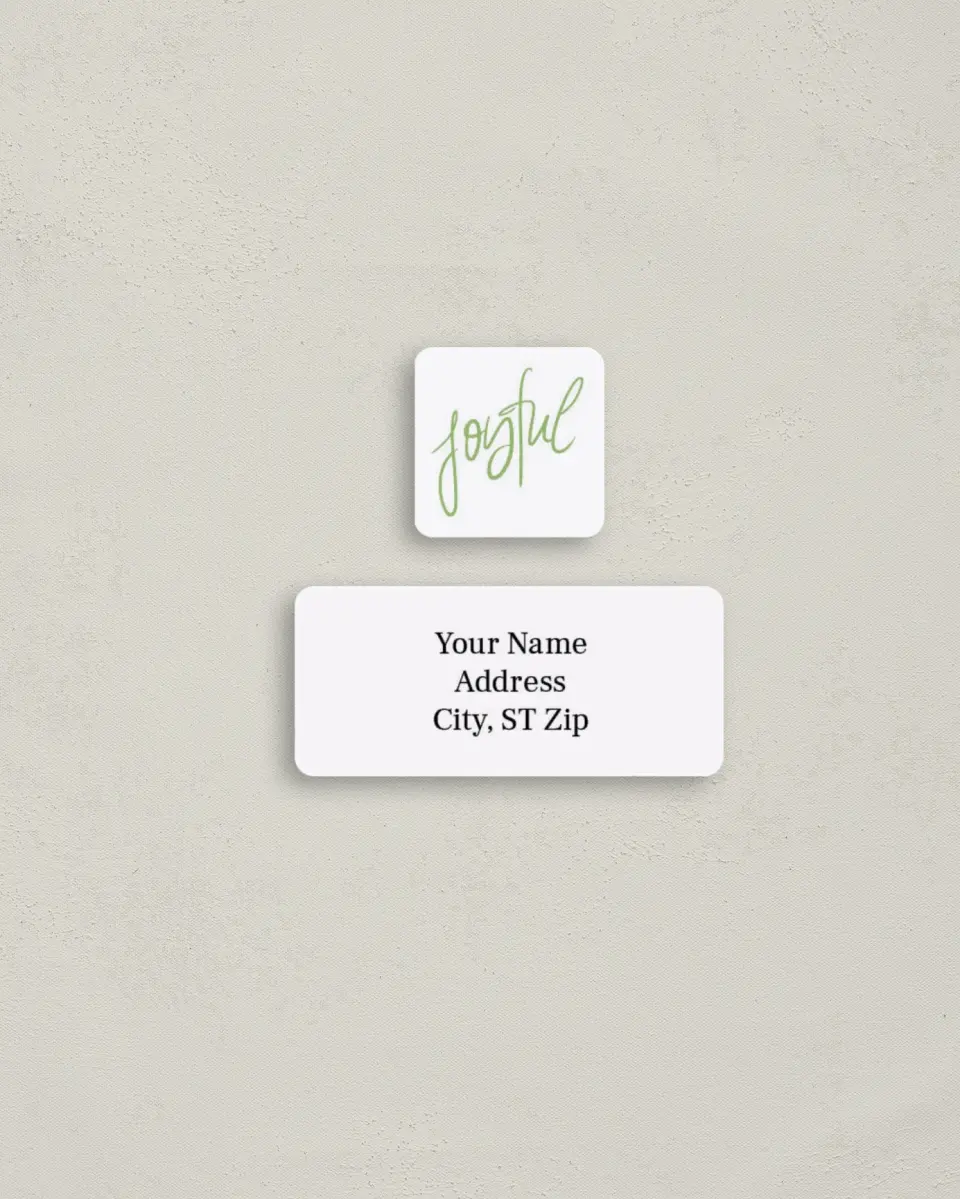 This is a 2¼" x 1" Labels; 1" x 1" Seals Return Address Label called Just Joyful printed in full color
