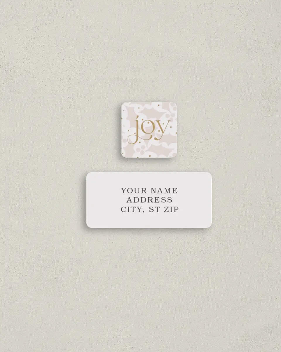 This is a 2¼" x 1" Labels; 1" x 1" Seals Return Address Label called Joyful printed in full color