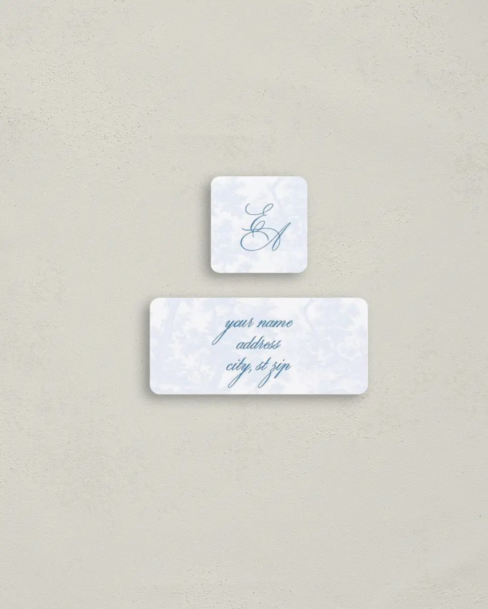This is a 2¼" x 1" Labels; 1" x 1" Seals Return Address Label called Blue Toile Romance printed in full color