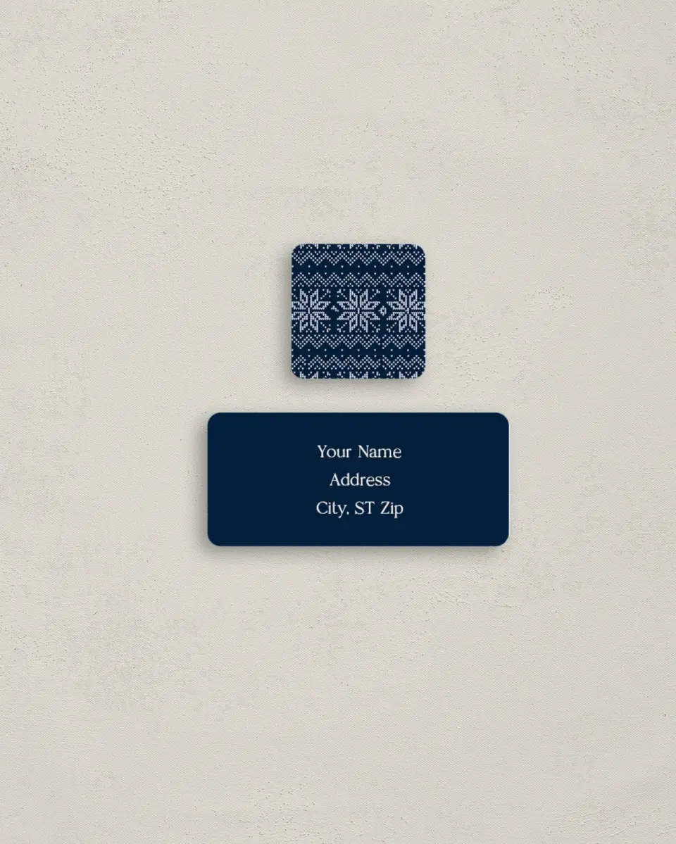 This is a 2¼" x 1" Labels; 1" x 1" Seals Return Address Label called Snowflake Stitches printed in full color